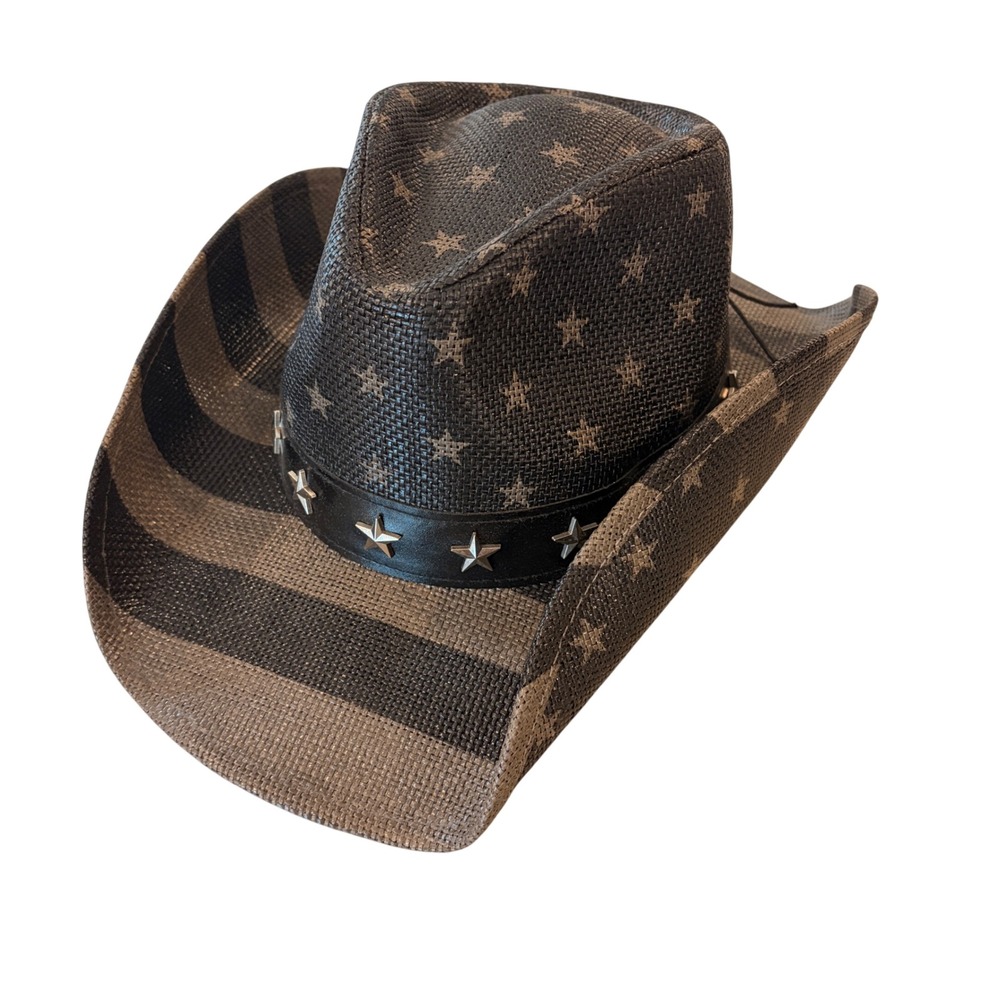 American Flag Stars Stripes Straw Black Gray Cowboy Hat Conchos Western Concert